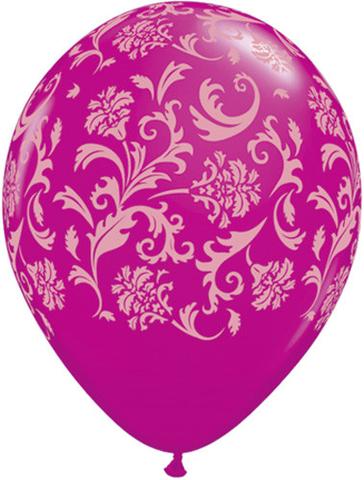 (image for) Damask Print Pink Ink on Wild Berry Balloon (Float Time 3+ Days) - Click Image to Close