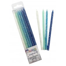 (image for) Slim Candles - Blues + Silver Glitter (12) + Holders