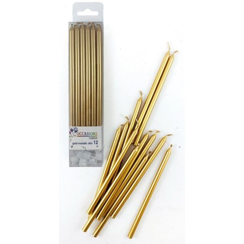 Tall Slim Candles - Gold (12) + Holders